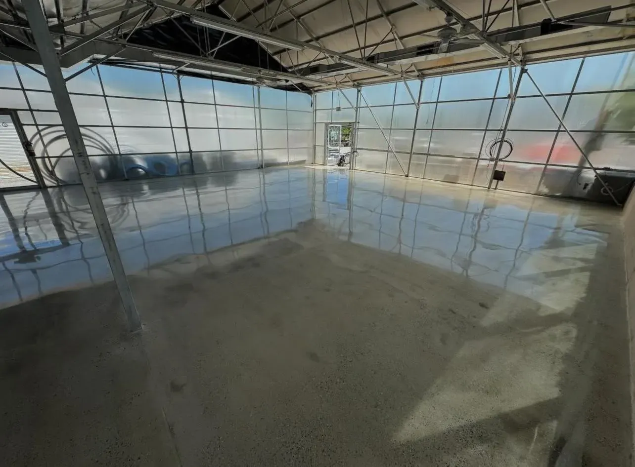 Polished concrete floor inside a translucent-walled warehouse, the slab reflecting the steel frame and daylight