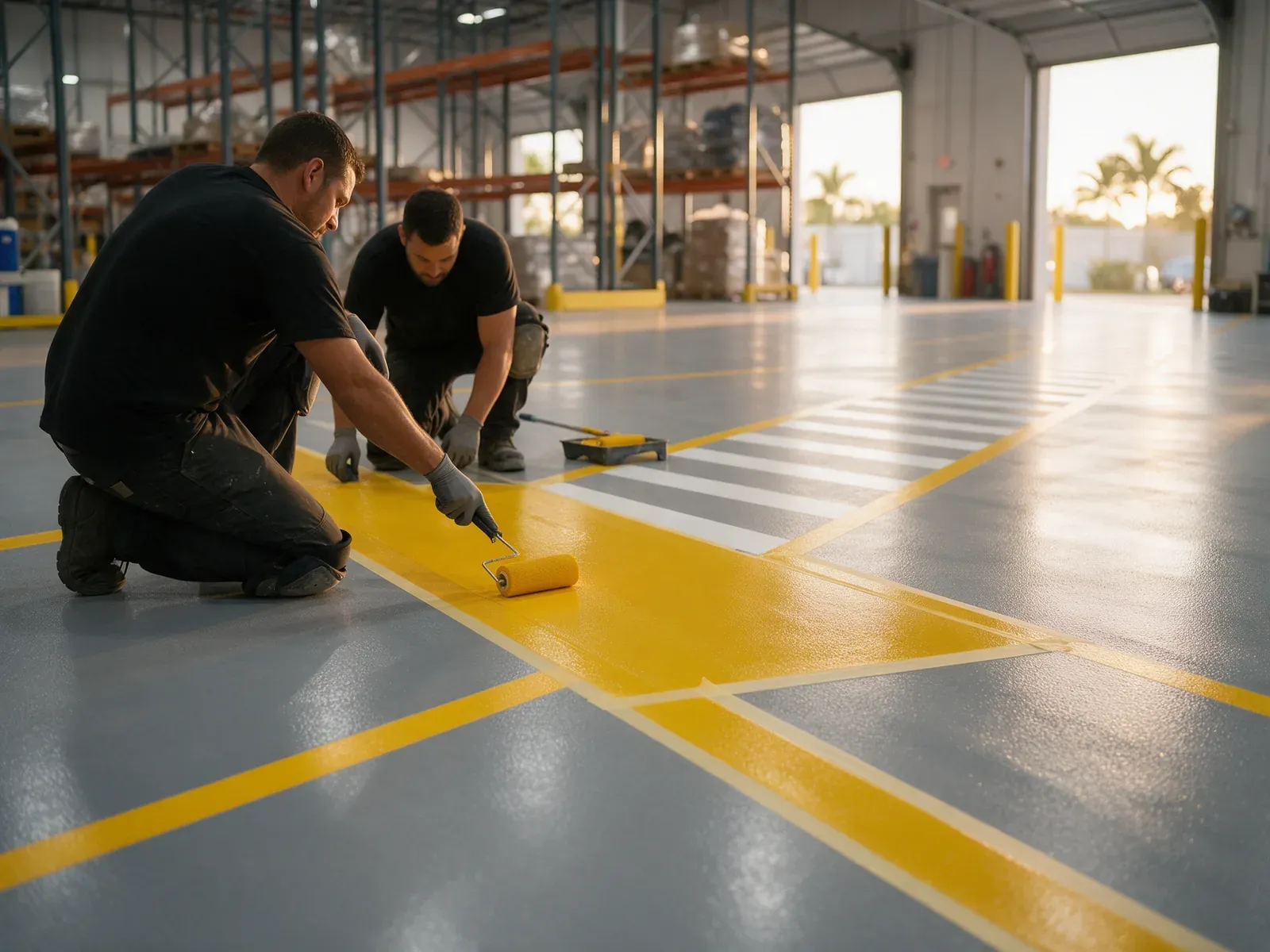 Illustrative image: two technicians rolling yellow safety lines and a striped walkway onto a grey epoxy warehouse floor